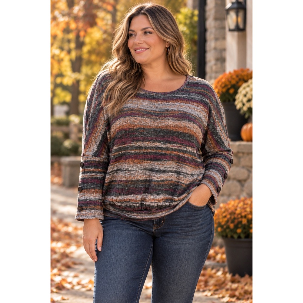 AGB Woman 1X Striped Ribbed Knit Dolman Top Multi-Color Button Cuff 3443G21